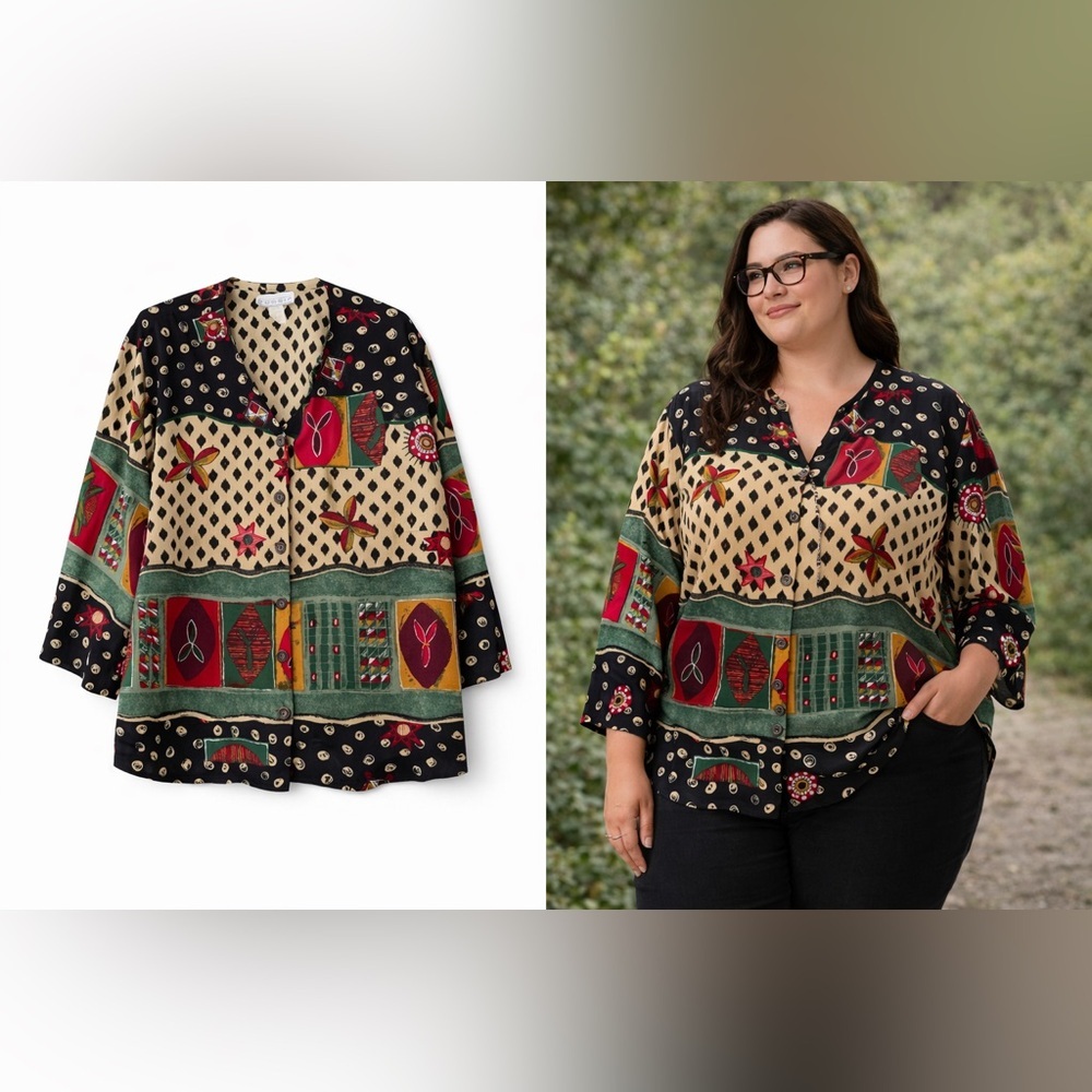 Vintage GOSSIP 22W Button-Up Blouse 100% Rayon Artsy Teacher Chic Box’s Shape